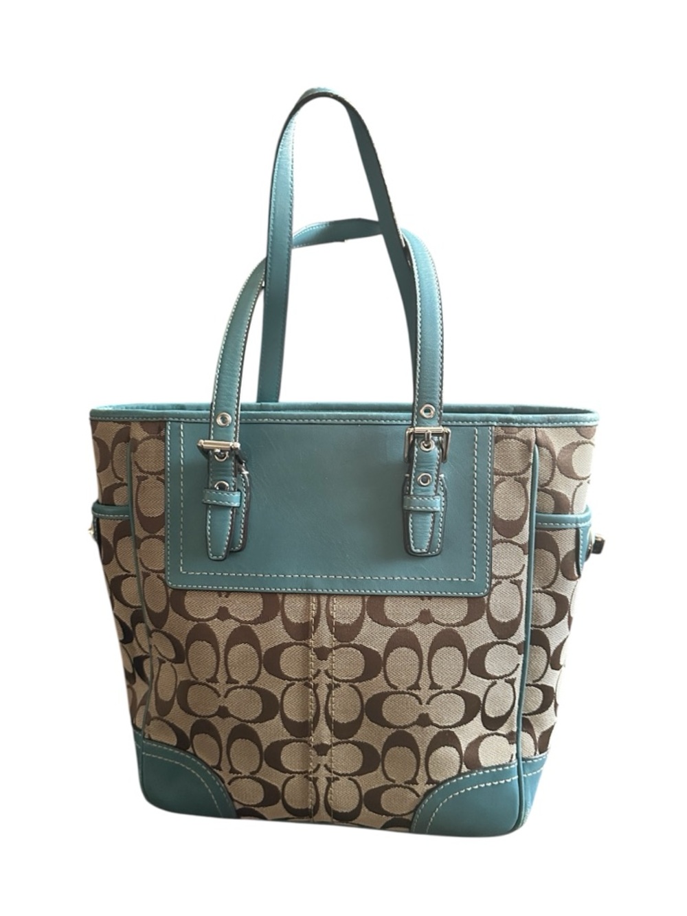 Coach Vintage Y2K Hadley Lunch Bag Beige Signature Canvas Tote Blue Leather Trim - Picture 2 of 13